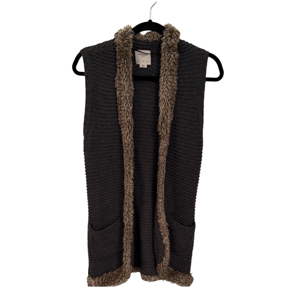 Vero Moda Womens Knit Vest Faux Fur Trim Charcoal Gray Open Front Pockets M